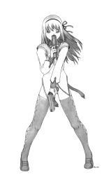 Rule 34 | 10s, 1girl, akemi homura, alternate legwear, bottomless, dual wielding, empty eyes, full body, greyscale, gun, hair ribbon, handgun, harumachi nagaaki, holding, long hair, looking at viewer, magical girl, mahou shoujo madoka magica, mahou shoujo madoka magica (anime), monochrome, no panties, own hands together, revision, ribbon, simple background, solo, soul gem, spread legs, standing, thighhighs, v arms, weapon, white background