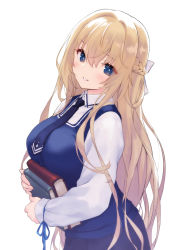 Rule 34 | 1girl, azur lane, blonde hair, blue eyes, blue necktie, blue skirt, blue vest, blush, book, bow, braid, breasts, french braid, funitarefu, glorious (azur lane), glorious (glorious school life) (azur lane), hair between eyes, hair bow, highres, holding, holding book, large breasts, long hair, long sleeves, looking at viewer, necktie, parted lips, shirt, simple background, skirt, solo, upper body, very long hair, vest, white background, white bow, white shirt
