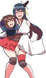 Rule 34 | 10s, 2girls, asymmetrical legwear, bifidus, black hair, blush, breasts, brown eyes, brown hair, commentary request, detached sleeves, fusou (kancolle), hair ornament, hair ribbon, hand on own knee, hat, holding, holding clothes, holding hat, ise (kancolle), japanese clothes, kantai collection, knees together feet apart, large breasts, long sleeves, multiple girls, nontraditional miko, obi, open mouth, ponytail, red eyes, red skirt, ribbon, sash, sidelocks, skirt, smile, tears, teeth, top hat, uneven legwear, unworn hat, unworn headwear, white background, wide sleeves
