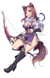 Rule 34 | 1girl, animal ear fluff, animal ears, arrow (projectile), ass, belt, blue eyes, boots, bow (weapon), breasts, brown hair, cat, cat ears, cat tail, character request, copyright request, eyebrows, eyelashes, high heels, highres, holding, holding weapon, kamaniki, large breasts, leather belt, lips, long hair, nose, simple background, solo, tail, teeth, thighs, watermark, weapon, white background, zipper