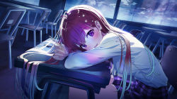 Rule 34 | 1girl, absurdres, breasts, chair, classroom, desk, eternights, eumi 114, highres, holding, holding pen, indoors, long hair, looking at viewer, medium breasts, night, open mouth, pen, purple eyes, purple skirt, red hair, school chair, school desk, shirt, sitting, skirt, solo, white shirt