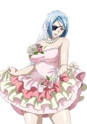 Rule 34 | 00s, 1girl, blue hair, breasts, dress, earrings, eyepatch, female focus, flower, ikkitousen, jewelry, large breasts, looking at viewer, mouyuu (ikkitousen), necklace, official art, purple eyes, short hair, smile, solo, standing, wedding dress, white background