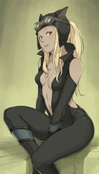 Rule 34 | 1girl, animal ears, blonde hair, bodysuit, breasts, cat ears, cheshirrr, clothing cutout, dark skin, dark-skinned female, goggles, goggles on head, gravity daze, highres, kitten (gravity daze), long hair, looking at viewer, navel, open clothes, red eyes, shoulder cutout, sitting, small breasts, smile, solo