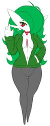 Rule 34 | 1girl, absurdres, antenna hair, black leggings, breasts, choker, closed mouth, collarbone, creatures (company), female focus, fir3born, flat color, full body, game freak, gardevoir, gen 3 pokemon, gluteal fold, green hair, green jacket, hair over one eye, hand in pocket, hand up, happy, heart, heart choker, highres, jacket, leggings, legs together, long hair, long sleeves, looking at viewer, medium breasts, navel, nintendo, no shirt, one eye covered, open clothes, open jacket, personification, pokemon, pokemon (creature), red choker, red eyes, simple background, sketch, smile, solo, split mouth, standing, stomach, waving, white background