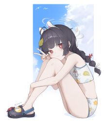Rule 34 | 1girl, absurdres, animal ear headphones, animal ears, bikini, black hair, blue archive, blue sky, braid, bright pupils, closed mouth, cloud, commentary request, crocs, fake animal ears, flat chest, gmi (jimmyovob), grey halo, halo, headphones, highres, knees up, leaf, leaf on head, leaf print, legs, long hair, looking at viewer, miyu (blue archive), miyu (swimsuit) (blue archive), official alternate costume, print bikini, red eyes, sitting, sky, solo, swimsuit, thighs, twin braids, twintails, twitter username, v, white pupils