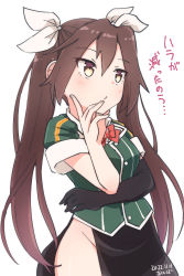 Rule 34 | 1girl, akapocho, black gloves, bow, bowtie, brown hair, commentary request, dated, elbow gloves, gloves, green jacket, hair between eyes, hair ribbon, highres, jacket, kantai collection, long hair, military, military uniform, one-hour drawing challenge, pelvic curtain, red bow, red bowtie, ribbon, simple background, single elbow glove, solo, tone (kancolle), tone kai ni (kancolle), twintails, uniform, white background