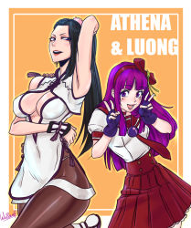 Rule 34 | 2girls, asamiya athena, black eyes, black hair, blush, bow, breasts, cleavage, cleavage cutout, clothing cutout, dress, earrings, fingerless gloves, gloves, hair bow, hair ornament, hairband, jewelry, large breasts, leggings, lipstick, long hair, looking at viewer, luong, makeup, medium breasts, mole, mole under eye, multiple girls, open mouth, pantyhose, purple eyes, purple hair, red hairband, school uniform, serafuku, signature, skirt, smile, snk, star (symbol), star hair ornament, the king of fighters, the king of fighters xiv, thighhighs, v, wallace pires