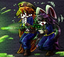Rule 34 | +++, 2girls, absurdly long hair, alternate costume, animal ears, black headwear, blonde hair, blush, boots, brown footwear, colored skin, commentary, commission, english commentary, fallout (series), fallout 4, flying sweatdrops, full body, gun, hair between eyes, hat, hatching (texture), holding, holding gun, holding weapon, junko (touhou), linear hatching, long hair, looking at another, medium bangs, multiple girls, one eye closed, open mouth, plasma, purple hair, rabbit ears, rabbit girl, rabbit tail, red eyes, reisen udongein inaba, ringed eyes, skeb commission, smile, standing, suenari (peace), tail, touhou, vault suit, very long hair, weapon, white skin