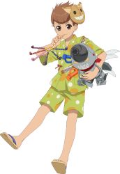 Rule 34 | 1boy, brown eyes, brown hair, child, commentary, english commentary, feet, full body, highres, holding, holding toy, japanese clothes, karol capel, legs, looking at viewer, male focus, mask, official art, robot, sandals, shorts, smile, solo, tales of (series), tales of asteria, tales of vesperia, toes, toy