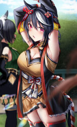 Rule 34 | 2girls, absurdres, ahoge, alternate eye color, animal ears, armpits, arms up, black gloves, black hair, black thighhighs, blurry, blurry background, blush, breasts, cleavage, commentary request, detached sleeves, ear ornament, gloves, green shirt, hair between eyes, hedge, highres, horse ears, horse girl, horse tail, kitasan black (umamusume), kouhaku nawa, large breasts, long sleeves, looking at viewer, multicolored hair, multiple girls, open clothes, open mouth, outdoors, pink eyes, pleated skirt, po musubi, ponytail, rope, satono crown (umamusume), shimenawa, shirt, skirt, solo focus, streaked hair, sweat, tail, thighhighs, umamusume, white hair, yellow skirt