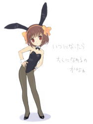 Rule 34 | 00s, 1girl, animal ears, black leotard, brown hair, detached collar, fake animal ears, female focus, full body, hands on own hips, leotard, mibu natsuki, pantyhose, playboy bunny, rabbit ears, short hair, simple background, solo, standing, strapless, strapless leotard, suzumiya haruhi, suzumiya haruhi no yuuutsu, white background, wrist cuffs