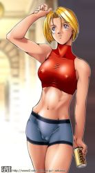 Rule 34 | 1girl, abs, bare shoulders, blonde hair, blue eyes, blue mary, breasts, cameltoe, can, covered erect nipples, drink, fatal fury, halterneck, medium breasts, midriff, no bra, qkat (arikawa-dou), short hair, sleeveless, sleeveless turtleneck, snk, solo, the king of fighters, tight clothes, toned, turtleneck