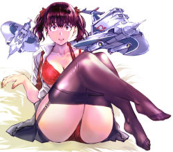 Rule 34 | 1girl, aircraft, airplane, ass, black thighhighs, bra, breasts, brown eyes, brown hair, cleavage, collarbone, commentary request, garter straps, grey skirt, hair tie, kamisimo 90, kneepits, knees up, necktie, open clothes, open mouth, open shirt, original, panties, red bra, red necktie, red panties, school uniform, shirt, short sleeves, sitting, skirt, smile, thighhighs, thighs, two side up, underwear, uniform, white shirt