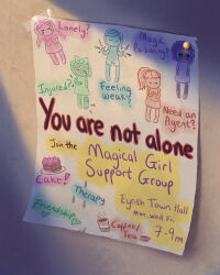 Rule 34 | absurdres, athenapower, braid, cake, coffee, english text, food, highres, leaflet, location name, location times, multiple girls, original, ponytail, see-through tape, tea