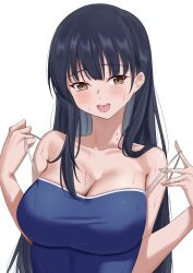 Rule 34 | 1girl, absurdres, blue hair, blue one-piece swimsuit, blush, boku no kokoro no yabai yatsu, breasts, brown eyes, cleavage, clothes pull, collarbone, competition school swimsuit, dark blue hair, highres, large breasts, long hair, looking at viewer, mole, mole on neck, multiple moles, one-piece swimsuit, one-piece swimsuit pull, open mouth, pulled by self, school swimsuit, simple background, solo, swimsuit, upper body, wet, white background, whitek, yamada anna