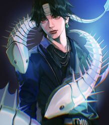 Rule 34 | 1boy, belt, black hair, black undershirt, blue shirt, brown eyes, chain, chain necklace, chrollo lucilfer, collared shirt, earrings, fish bone, highres, hunter x hunter, jewelry, lips, looking at viewer, male focus, necklace, parted bangs, phoneafrog, shirt, solo focus, twitter username