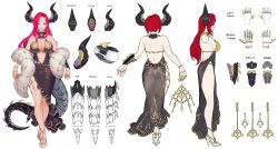 Rule 34 | 1girl, absurdres, aoin, bare shoulders, black dress, blue eyes, breasts, character sheet, dragon queen hane, dress, earrings, feather boa, high heels, highres, horns, indie virtual youtuber, jewelry, large breasts, long hair, mechanical horns, mechanical tail, multiple views, navel, red hair, see-through, see-through dress, tail, virtual youtuber, white footwear
