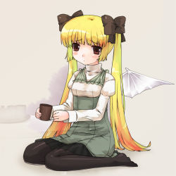 Rule 34 | bad id, bad pixiv id, bat wings, blonde hair, cup, hair ribbon, ktsecond, long hair, pantyhose, red eyes, ribbon, solo, twintails, wings