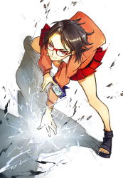 Rule 34 | 10s, 1girl, bent over, black hair, blouse, boruto: naruto next generations, closed mouth, determined, electricity, electrokinesis, fighting stance, forehead protector, glasses, happy, kevin.h, konohagakure symbol, lightning, looking at viewer, naruto: the last, naruto (series), orange shirt, outstretched arm, red-framed eyewear, red eyes, red skirt, sandal, school uniform, shadow, sharingan, shirt, short hair, skirt, smile, smirk, solo, standing, uchiha sarada, white shirt
