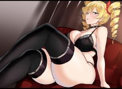 Rule 34 | 1girl, absurdres, agetama, black bra, black panties, blonde hair, blue eyes, bra, breasts, claire harvey, commentary request, commission, crossed legs, drill hair, earrings, green eyes, highres, hundred (light novel), jewelry, large breasts, lingerie, long hair, looking at viewer, panties, plump, revision, ribbon, sitting, skeb commission, thick thighs, thighhighs, thighs, twin drills, twintails, underwear, underwear only