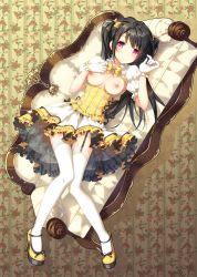 Rule 34 | 1girl, bad id, bad pixiv id, black bow, black hair, bow, bowtie, breast cutout, breastless clothes, breasts, breasts apart, corset, couch, frills, full body, garter straps, gloves, hair bow, high heels, knees together feet apart, long hair, looking at viewer, medium breasts, narinn, nipples, original, puffy short sleeves, puffy sleeves, short sleeves, skirt, solo, thighhighs, twintails, white gloves, white skirt, white thighhighs, yellow bow