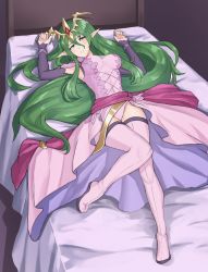 Rule 34 | 1girl, absurdres, bed, bedroom, breasts, fire emblem, fire emblem new mystery of the emblem, green eyes, green hair, grimmelsdathird, hair between eyes, hair ornament, highres, large breasts, long hair, lying, nagi (fire emblem), nintendo, on back, on bed, panties, see-through, solo, thighhighs, underwear, very long hair