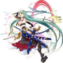 Rule 34 | &gt;:d, 1girl, :d, absurdly long hair, ahoge, black gloves, black thighhighs, blue eyes, blush, breasts, cleavage, earrings, elbow gloves, full body, gloves, green hair, heart, heart earrings, holding, holding sword, holding weapon, jewelry, large breasts, long hair, looking at viewer, murakami yuichi, official art, open mouth, oshiro project:re, oshiro project:re, sheath, sheathed, smile, solo, sword, thighhighs, tokugawa osaka (oshiro project), transparent background, v-shaped eyebrows, very long hair, weapon