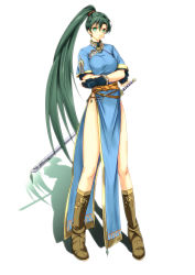 Rule 34 | 1girl, absurdres, bad anatomy, boots, derivative work, dress, earrings, fingerless gloves, fire emblem, fire emblem: the blazing blade, fire emblem heroes, full body, gloves, green eyes, green hair, high ponytail, highres, jewelry, long hair, looking at viewer, lyn (fire emblem), nintendo, ponytail, smile, solo, sword, very long hair, weapon