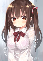 Rule 34 | 10s, 1girl, blush, bra, breasts, brown eyes, brown hair, capriccio, dress shirt, ebina nana, female focus, gradient background, hibanar, himouto! umaru-chan, large breasts, long hair, looking at viewer, pink bra, school uniform, see-through, shirt, solo, twintails, underwear, wavy mouth, wet, wet clothes, wet shirt