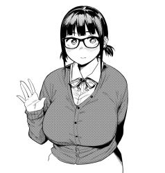 Rule 34 | 1girl, blush, breasts, fukumaaya, glasses, greyscale, large breasts, long sleeves, monochrome, original, short hair, short twintails, simple background, sleeves past wrists, smile, solo, sweater vest, twintails, upper body, white background