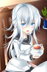 Rule 34 | 10s, 1girl, baretto (firearms 1), black skirt, blue eyes, buttons, cup, hair between eyes, hibiki (kancolle), highres, holding, kantai collection, long hair, long sleeves, md5 mismatch, no headwear, open mouth, pleated skirt, resized, resolution mismatch, sailor collar, school uniform, serafuku, silver hair, sitting, skirt, solo, source smaller, teacup, upscaled, verniy (kancolle)