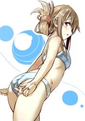 Rule 34 | 10s, 1girl, adjusting clothes, adjusting panties, ass, breasts, brown eyes, brown hair, folded ponytail, from below, hair ornament, hairclip, inazuma (kancolle), kantai collection, kuzu (miduhana), long hair, looking at viewer, open mouth, panties, polka dot, polka dot background, simple background, small breasts, solo, standing, thighs, underwear, underwear only