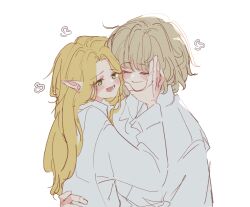 Rule 34 | 2girls, blonde hair, blush, closed eyes, closed mouth, collared shirt, commentary, dungeon meshi, elf, english commentary, falin touden, falin touden (tallman), green eyes, hand on another&#039;s face, hand on another&#039;s waist, highres, light brown hair, long hair, long sleeves, marcille donato, multiple girls, open mouth, pointy ears, selayiss, shirt, simple background, smile, upper body, white background, white shirt, yuri