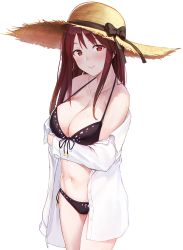 Rule 34 | 1girl, anti (0324), bikini, black bikini, blush, bow, breast hold, breasts, cleavage, closed mouth, collarbone, cowboy shot, front-tie bikini top, front-tie top, halterneck, hat, hat bow, hat ribbon, highres, idolmaster, idolmaster cinderella girls, large breasts, long hair, long sleeves, mifune miyu, navel, off shoulder, open clothes, open shirt, purple hair, red eyes, ribbon, shirt, side-tie bikini bottom, sidelocks, simple background, smile, solo, strap gap, straw hat, sun hat, swimsuit, undressing, white background