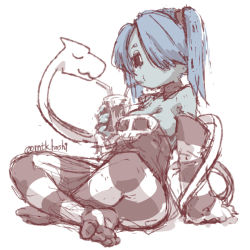 Rule 34 | 1girl, blue hair, blue skin, colored skin, crossed legs, detached collar, detached sleeves, drinking, drinking straw, foot focus, hair over one eye, leviathan (skullgirls), monochrome, mtk hoshi, sketch, skullgirls, solo, spot color, squigly (skullgirls), striped clothes, striped sleeves, striped thighhighs, thighhighs, twintails, white background