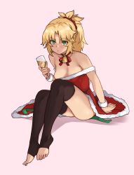 Rule 34 | 1girl, absurdres, blonde hair, breasts, drink, fate (series), glass, green eyes, highres, mordred (fate), mordred (fate/apocrypha), ponytail, ribbon, santa costume, scrunchie, sidelocks, simple background, sitting, small breasts, solo, thighhighs, todding