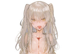 Rule 34 | 1girl, blood, blood in mouth, blood stain, bust cup, camisole, grey hair, hair between eyes, ikeuchi tanuma, long hair, looking at viewer, original, shaded face, simple background, slit pupils, solo, tongue, tongue out, topless, two side up, upper body, white background, yellow eyes
