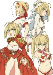 Rule 34 | 10s, 1girl, absurdres, ahoge, arms behind back, bare shoulders, bikini, blonde hair, blush, braid, breasts, bridal veil, chain, chain necklace, cleavage cutout, closed eyes, clothes lift, clothing cutout, collarbone, commentary request, dress, epaulettes, fate/extra, fate/extra ccc, fate/grand order, fate (series), french braid, green eyes, gym shirt, hair bun, hair intakes, hair ribbon, hairband, halterneck, hands on own hips, highres, hip focus, jewelry, juliet sleeves, large breasts, laughing, leotard, lock, long hair, long sleeves, looking at viewer, looking to the side, medal, multiple persona, navel, necklace, nero claudius (bride) (fate), nero claudius (fate), nero claudius (fate) (all), nero claudius (fate/extra), nero claudius (swimsuit caster) (fate), open mouth, puffy sleeves, red bikini, red dress, red hairband, red ribbon, ribbon, see-through, shirt, single hair bun, skirt, skirt lift, smile, striped bikini, striped clothes, swimsuit, teshima nari, thighs, twintails, veil, white dress, white leotard, wide sleeves