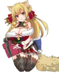 1girl animal_ears argyle_clothes argyle_thighhighs armpit_crease assault_lily back_bow bare_arms bare_shoulders bell black_bow black_dress black_thighhighs blonde_hair blue_bow blush bow box breasts cat_ears cat_girl cat_tail cleavage clothing_cutout cowboy_shot cropped_legs cross-laced_clothes cross-laced_dress dress dress_bow drill_hair drill_sidelocks earrings fur-trimmed_bow fur-trimmed_dress fur_trim garter_straps gift gift_box hair_bun hair_ribbon hand_up highres holding holding_gift jewelry jingle_bell kemonomimi_mode large_breasts long_hair necklace neni_hatahachi official_alternate_costume parted_lips pom_pom_(clothes) pom_pom_earrings red_dress red_ribbon ribbon saigou_kurena santa_dress sidelocks simple_background single_side_bun smile solo standing stomach_cutout tail thigh_bow thighhighs two-tone_dress white_background wrist_cuffs yellow_eyes