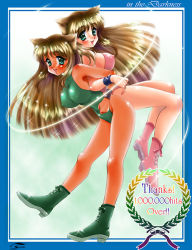 Rule 34 | 2girls, animal ears, back-to-back, boots, breasts, brown hair, casual one-piece swimsuit, cat ears, covered erect nipples, english text, green eyes, green footwear, high heels, large breasts, lifting person, locked arms, long hair, milestone celebration, multiple girls, one-piece swimsuit, pink footwear, shoes, smile, sparkle, swimsuit, tomoko (in the darkness), wreath, wristband