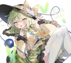 Rule 34 | 1girl, :p, \||/, glint, green eyes, green hair, green skirt, hand to own mouth, hand up, hat, heart, heart-shaped pupils, heart of string, highres, holding, holding knife, knees together feet apart, knife, koishi day, komeiji koishi, long sleeves, looking at viewer, medium hair, petite, shirt, simple background, skirt, solo, sorani (kaeru0768), symbol-shaped pupils, thighhighs, third eye, tongue, tongue out, touhou, white background, white thighhighs, wide sleeves, yellow shirt