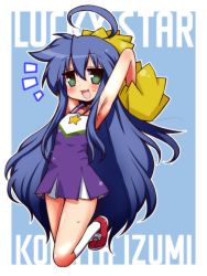 Rule 34 | 00s, 1girl, :3, :d, ahoge, armpits, arms up, bad id, bad pixiv id, blue hair, blush, character name, cheerleader, copyright name, green eyes, izumi konata, long hair, looking at viewer, lucky star, mizushima (p201112), mole, mole under eye, open mouth, pom pom (cheerleading), shoes, simple background, smile, sneakers, socks, solo, star (symbol), sweat, very long hair