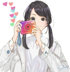 Rule 34 | 1girl, absurdres, artist name, black eyes, black hair, camera, commentary request, heart, highres, holding, holding camera, instagram, jacket, long hair, long sleeves, looking at viewer, multicolored nails, nail polish, original, pocket, sako (35s 00), shirt, signature, simple background, smile, solo, twintails, upper body, white background, white jacket, white shirt