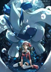 Rule 34 | 1girl, air bubble, blue overalls, blurry, bow, breasts, brown eyes, brown hair, bubble, commentary request, creatures (company), depth of field, game freak, gen 2 pokemon, hat, hat bow, legendary pokemon, long hair, looking up, lugia, lyra (pokemon), nintendo, overalls, pokemon, pokemon (creature), pokemon hgss, red bow, red footwear, red shirt, shirt, shoes, sitting, sleeves past elbows, small breasts, thighhighs, twintails, underwater, watermark, white headwear, white thighhighs, yomogi (black-elf)