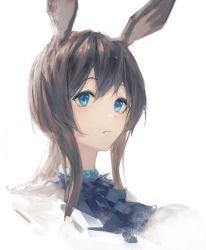 Rule 34 | 1girl, absurdres, amiya (arknights), animal ears, arknights, ascot, bad id, bad pixiv id, black ascot, blue eyes, blush, brown hair, closed mouth, expressionless, fuyukono, highres, looking at viewer, ponytail, portrait, rabbit ears, sidelocks, simple background, solo, white background