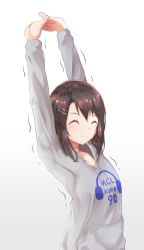 Rule 34 | 1girl, arms up, bang dream!, blush, brown hair, closed eyes, closed mouth, clothes writing, commentary, gradient background, grey background, grey sweater, hair ornament, hairclip, motion lines, nenosame, okusawa misaki, own hands together, pocket, short hair, smile, solo, stretching, sweater, trembling, upper body