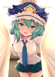 Rule 34 | 1girl, alternate costume, balance scale, checkered clothes, checkered skirt, collared shirt, cowboy shot, curtains, frilled hat, frills, green eyes, green hair, green skirt, hat, holding, indoors, koza900, long sleeves, looking at viewer, medium hair, miniskirt, necktie, open mouth, shiki eiki, shirt, skirt, smile, solo, standing, striped necktie, touhou, weighing scale, white shirt, window