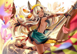 Rule 34 | 10s, 1girl, animal ears, backless outfit, black gloves, breasts, cat ears, cockadooodledoo, erune, flower, from behind, gloves, granblue fantasy, green eyes, hair between eyes, hair flower, hair ornament, highres, long hair, looking at viewer, miniskirt, nemone, one eye closed, open mouth, outstretched arms, petals, sideboob, silver hair, skirt, skirt set, solo, staff, standing, standing on one leg, underwear, wavy hair