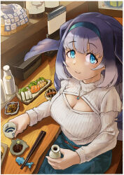Rule 34 | 1girl, absurdres, blue eyes, blue hair, blue skirt, blue sweater, blush, bottle, casual, cleavage cutout, clothing cutout, fins, floral print, food, frilled sleeves, frills, hair between eyes, hairband, head fins, highres, jewelry, kemono friends, kemono friends 3, long hair, long sleeves, looking at viewer, multicolored hair, necklace, official alternate costume, pencil skirt, print skirt, sake bottle, sidelocks, sitting, skirt, smile, solo, steller&#039;s sea cow (kemono friends), sushi, sweater, toriny, turtleneck, turtleneck sweater, white hair