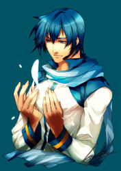 Rule 34 | 1boy, bad id, bad pixiv id, blue eyes, blue hair, blue scarf, hiryuu, kaito (vocaloid), male focus, matching hair/eyes, scarf, signature, simple background, smile, solo, upper body, vocaloid